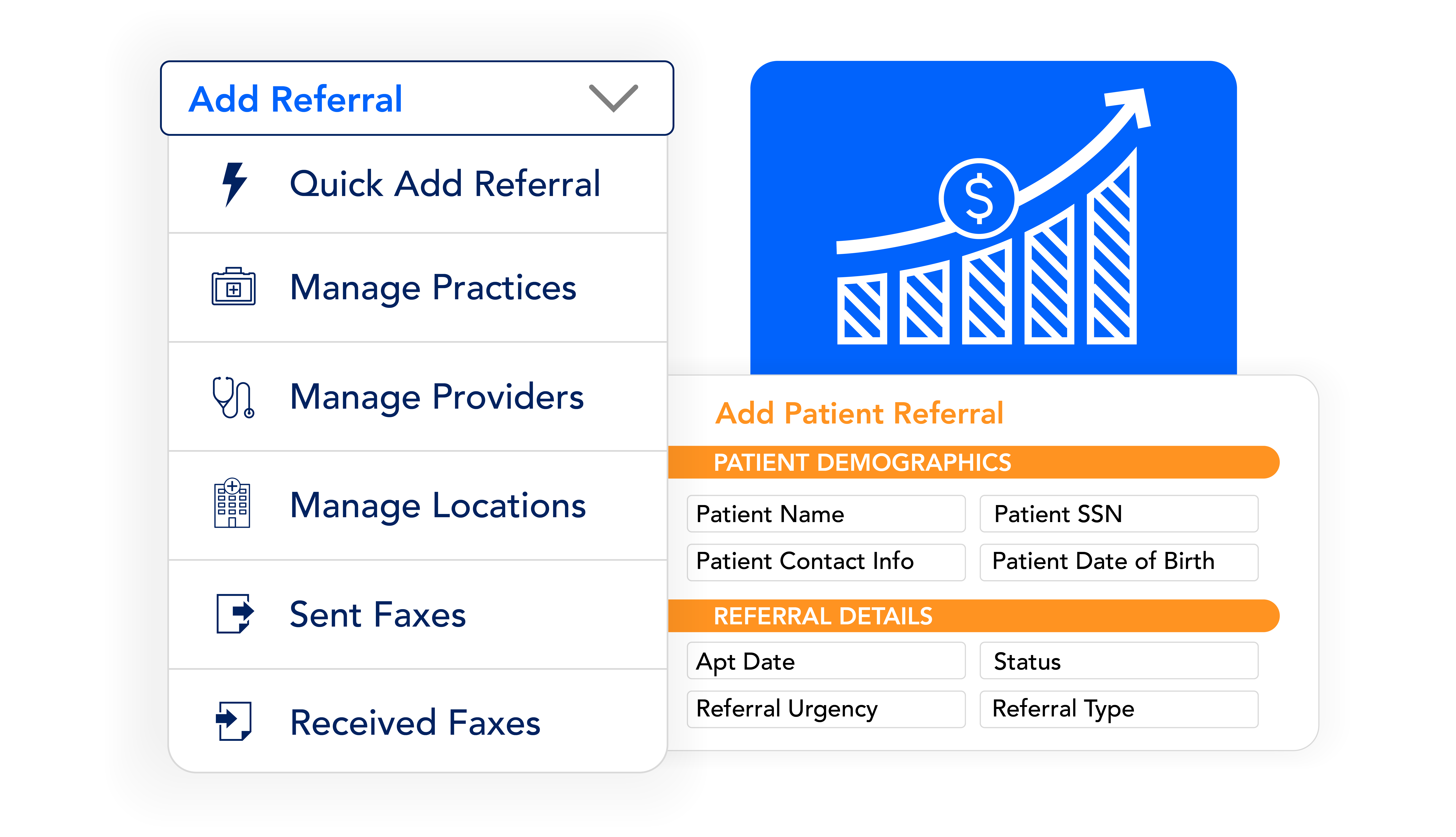 referral care coordination portal and data. dashboard showing patient referral like demographics and details with revenue going up.